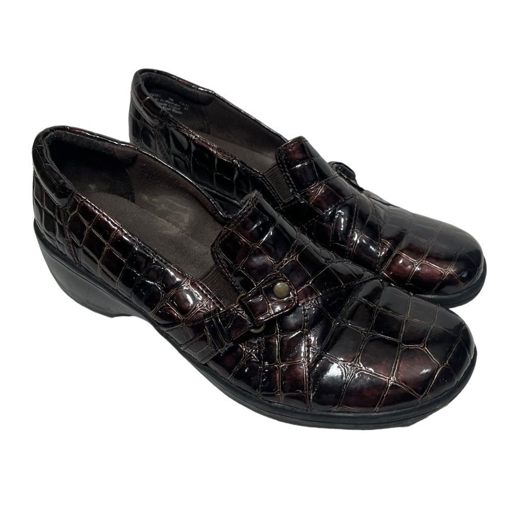Clarks Maroon Snakeskin Heeled Clogs